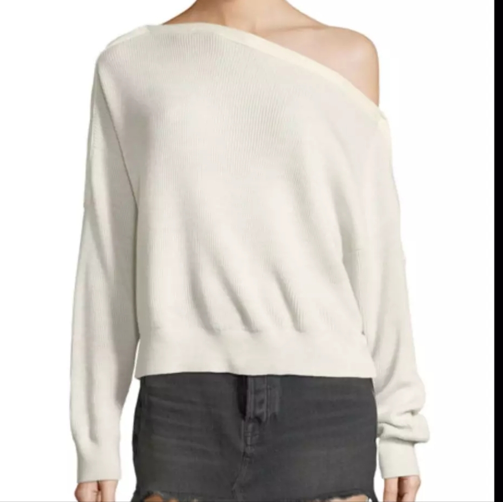 Alexander Wang Size M Cream Merino Wool Off Shoulder Rib-Knit Pullover Sweater